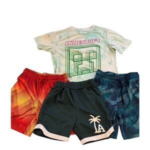 Boys size 5 bundle- 3 athletic shorts blue green red 1 Minecraft T-shirt